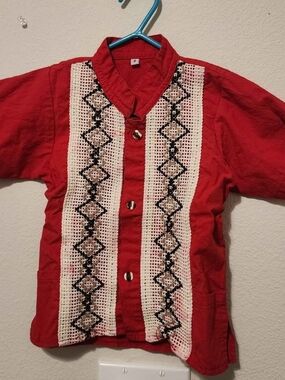 MEXICANA Red Button Down Kids Shirt with Cream Crochet Panels